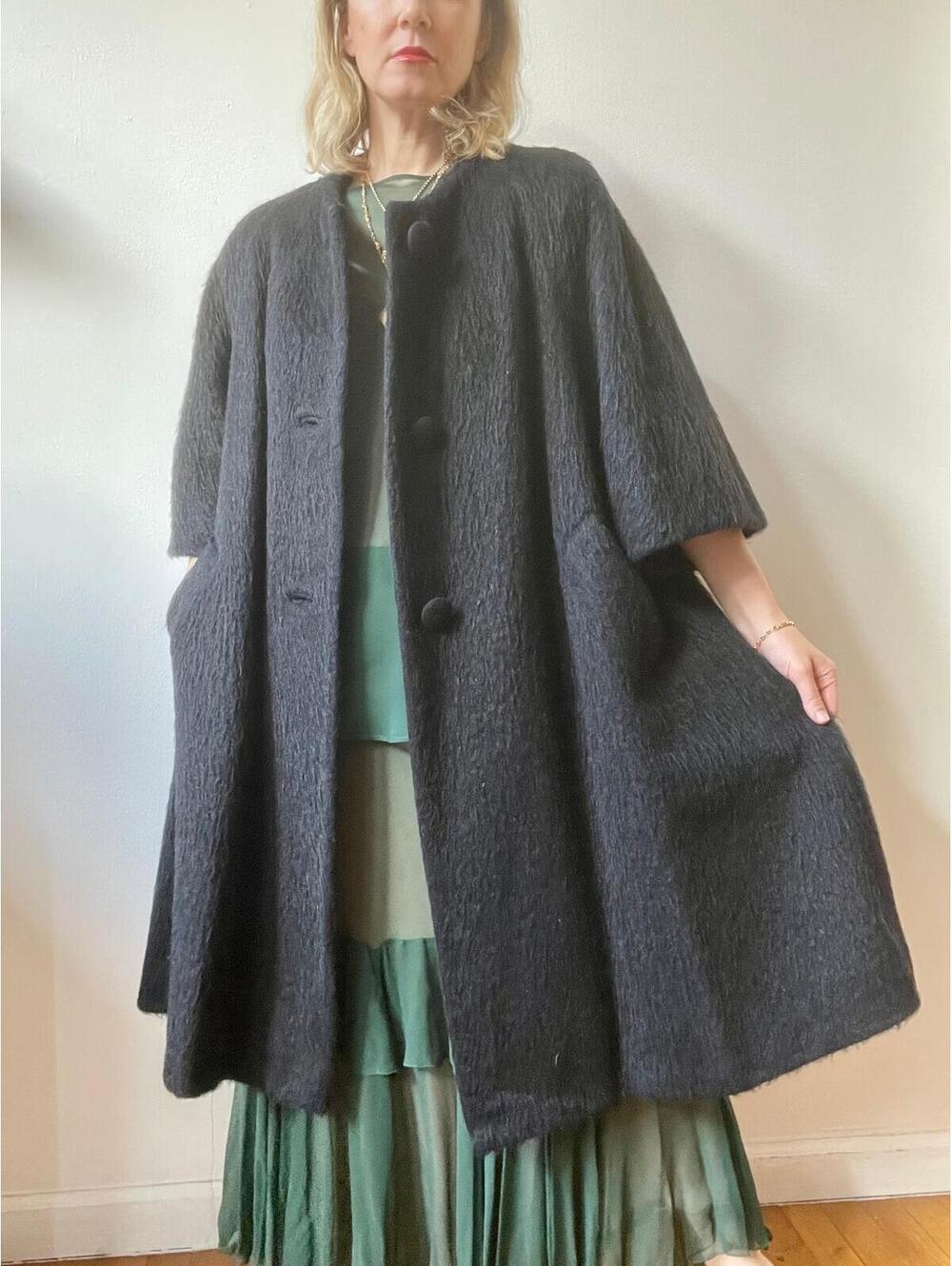 Vintage 1950s Lilli Ann Black Mohair Swing Coat